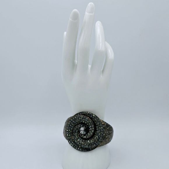 Statement Bracelet Pave Rhinestone Floral Swirl Gem Gun Metal Reptile Print Cuff - Picture 9 of 11